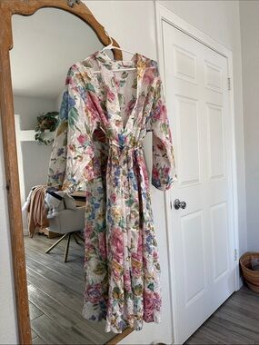 Vintage Alexandria Nicole Floral Satin Kimono Robe with Lace Trim - Cream Multi